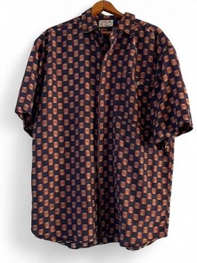 Cambio Italia Men's M Vintage 100% Silk Navy Blue Red Patterned Hawaiian Shirt